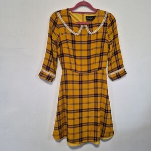 Voodoo Vixen Yellow Tartan Dress With Collar Detail